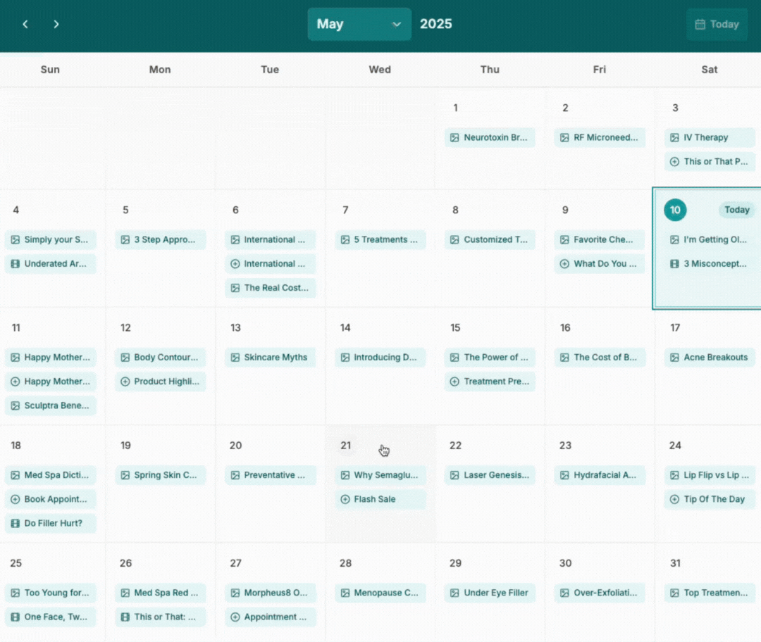 Monthly content calendar cycling through scheduled feeds, carousels, reels, and stories